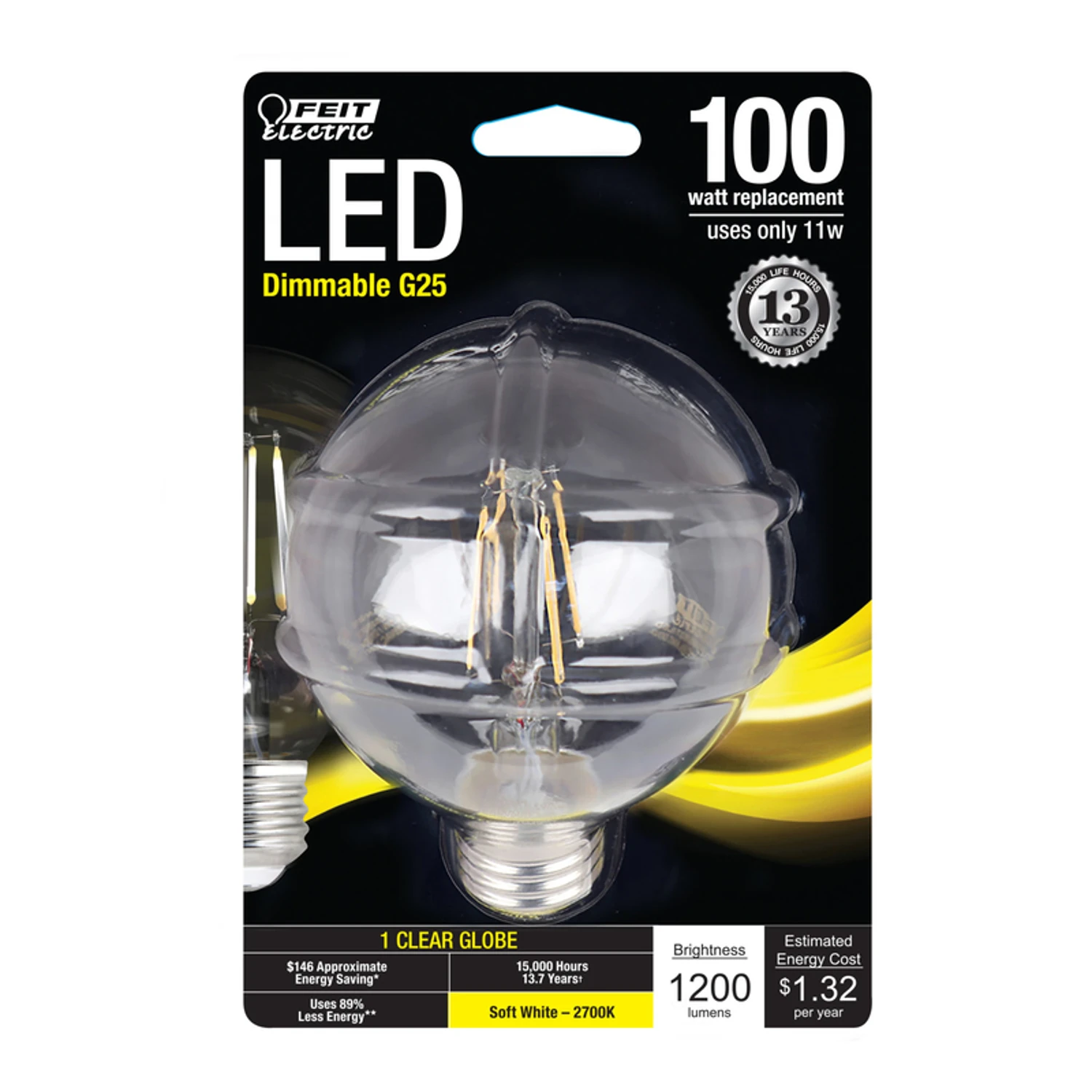 Feit G25 E26 (Medium) Filament LED Bulb Soft White 100 Watt Equivalence 1 pk