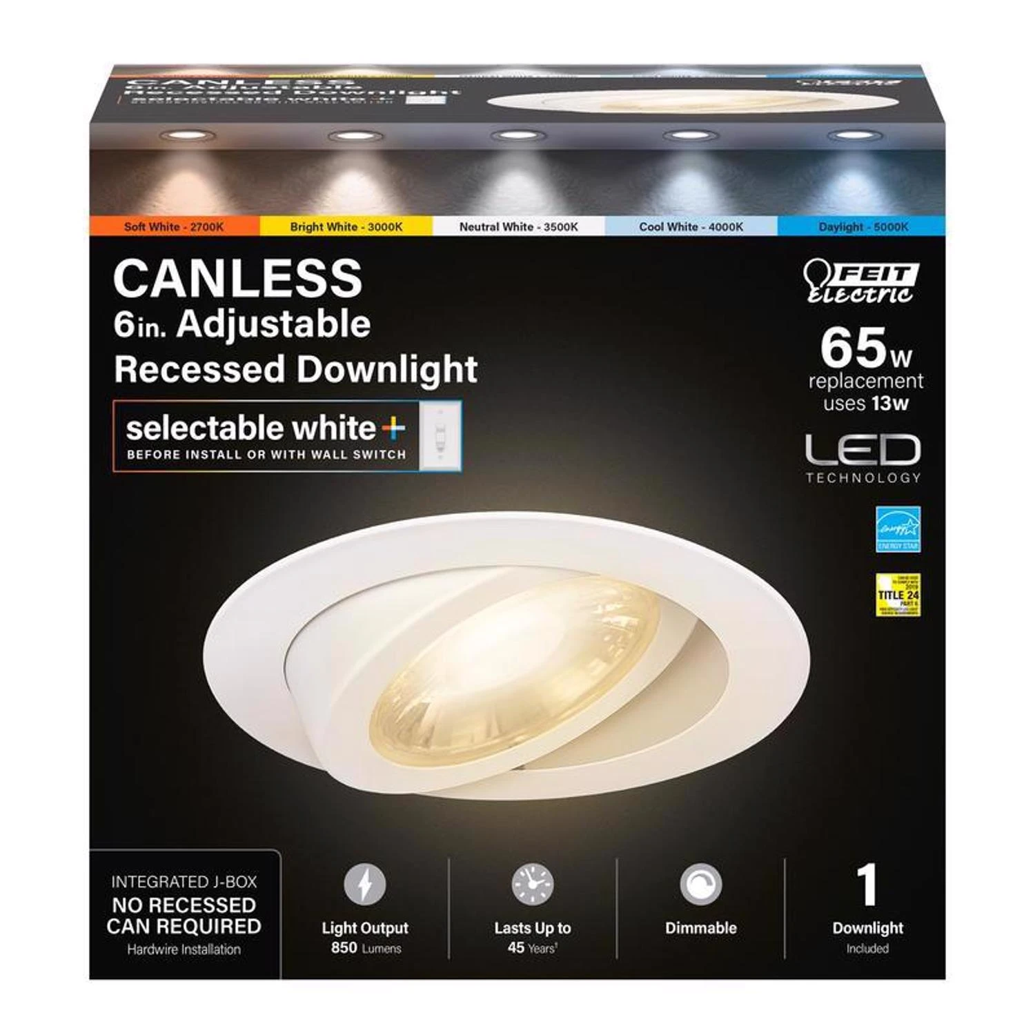 6 Inch LED Canless Recessed Adjustable Downlight, Color Selectable, 11 Watt