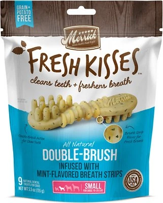 Merrick Fresh Kisses Mint Breath Strips Small Brush Dental Dog Treats, 9 Count, 5.5 OZ
