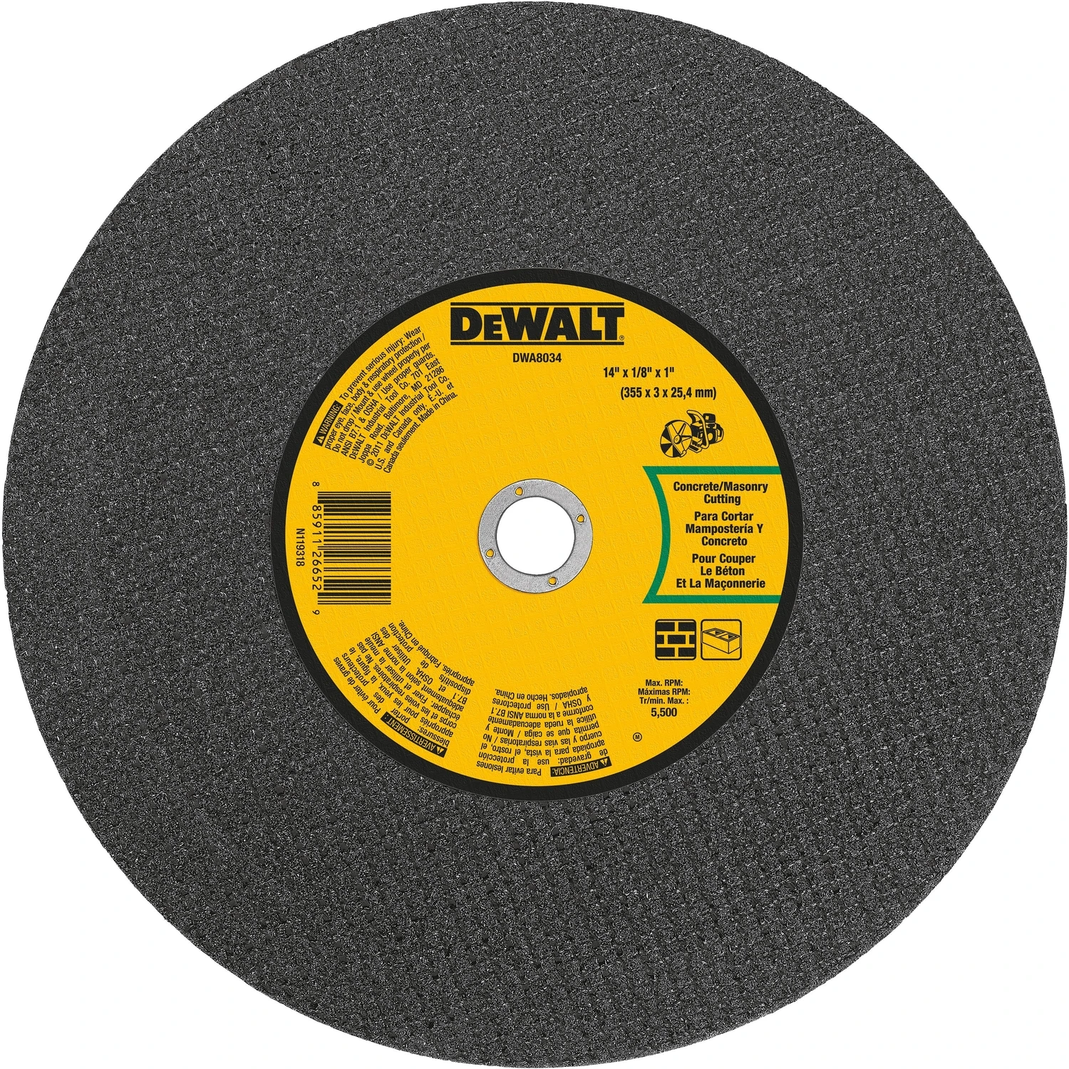 DeWalt High Performance 14 in. Dia. x 1 in. in. Aluminum Oxide Masonry Cut-Off Wheel 1 pc.
