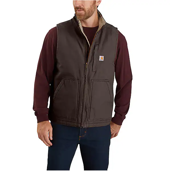 Loose Fit Washed Duck Sherpa-lined Mock-neck Vest, Dark Brown, 2xl