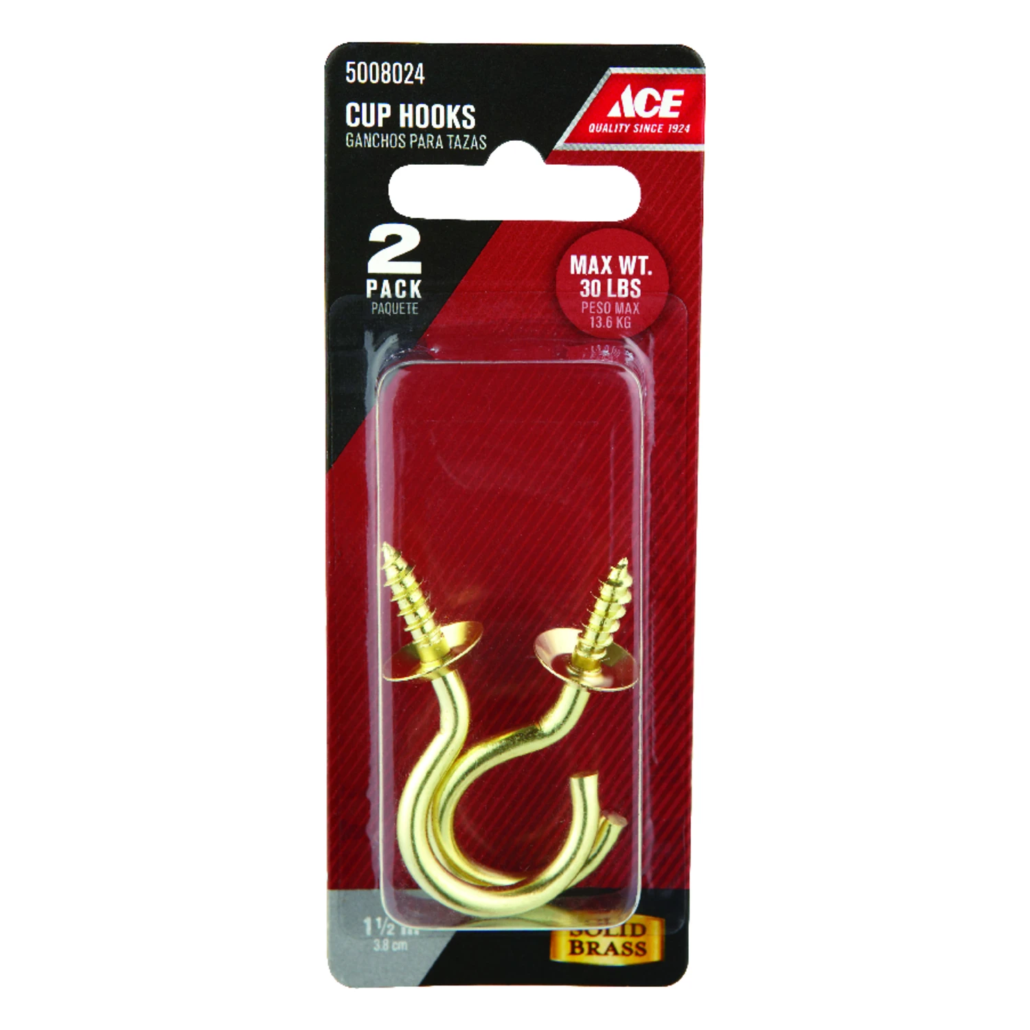 Ace Small Bright Brass Brass 2.0625 in. L Cup Hook 30 lb. 1 pk