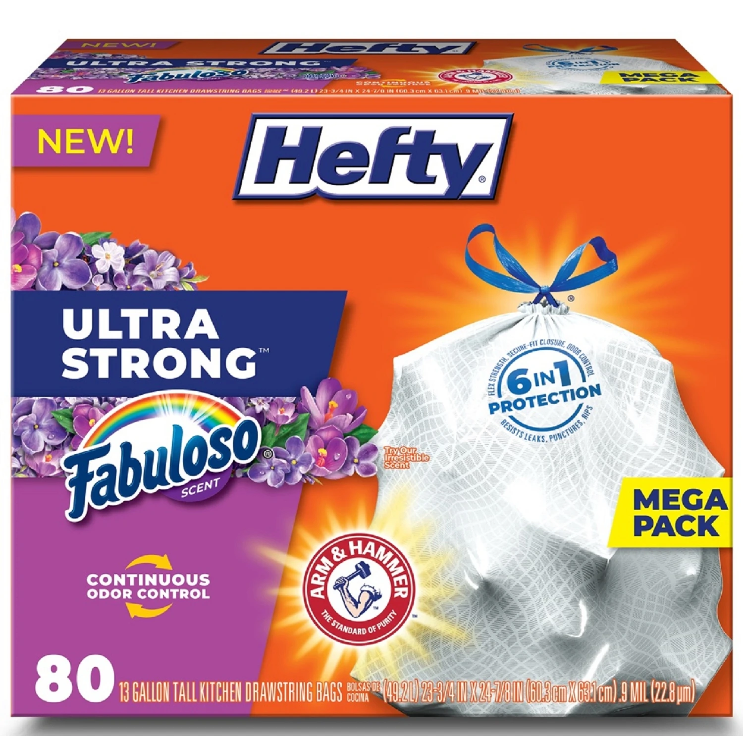 Hefty® Ultra Strong™ Tall Kitchen Trash Bags, 13 Gallon, 80 Bags (Fabuloso Scent, Drawstring)