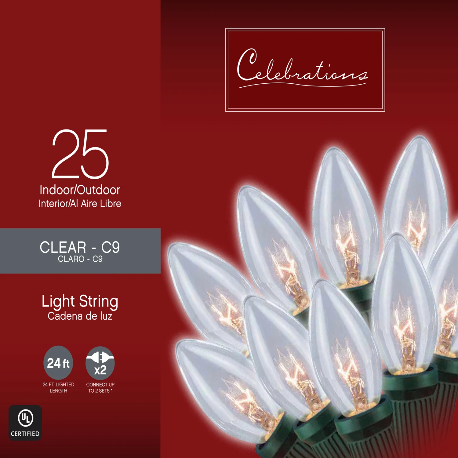 Incandescent C9 Clear String Christmas Lights 25 Ft. 25 Bulbs