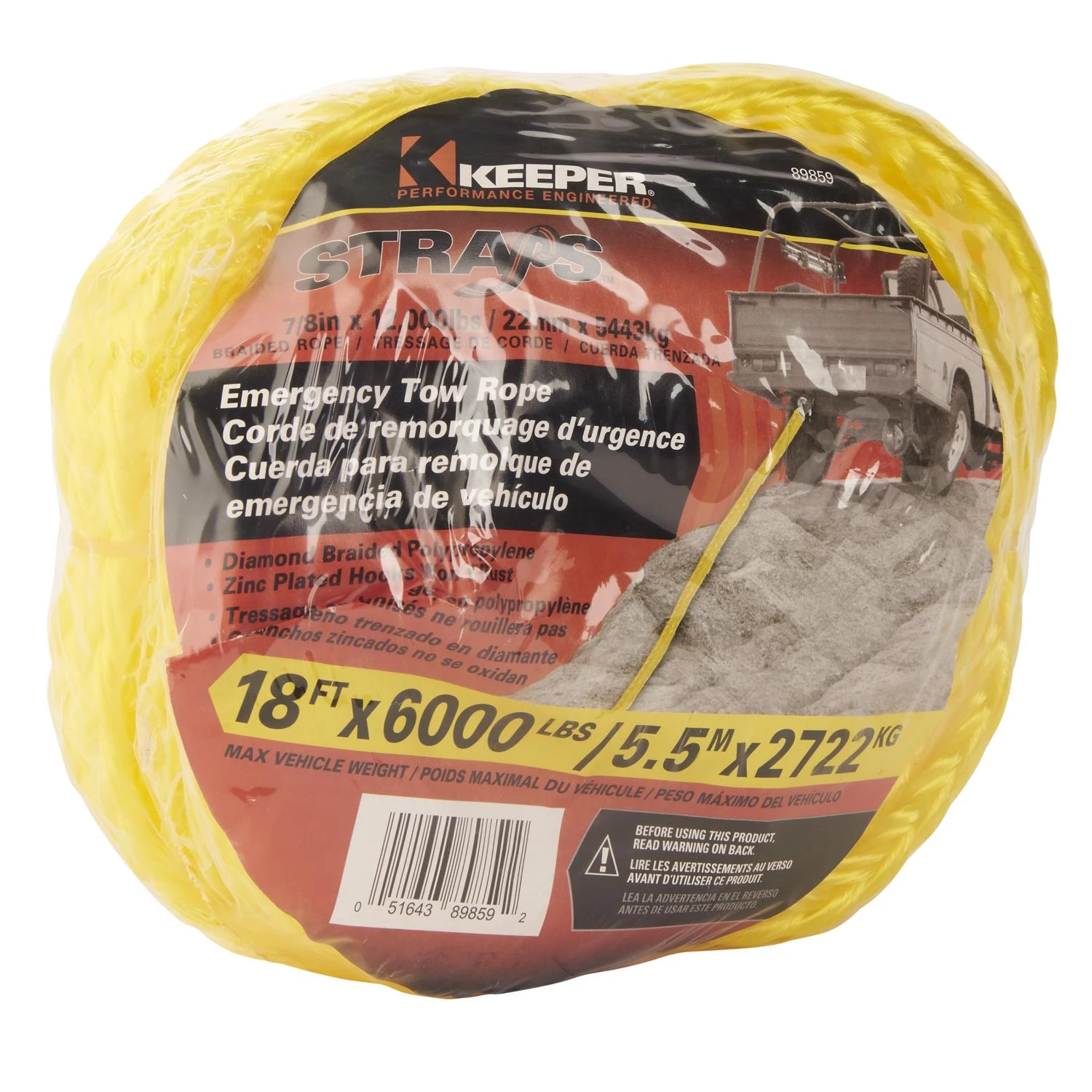 7/8 In. W X 18 Ft. L Yellow Tow Rope 6000 Lb 1 Pk, Forged Steel Hook