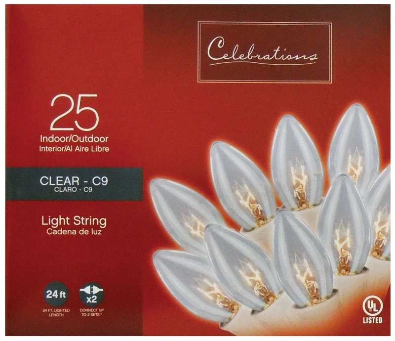 Incandescent C9 Clear String Christmas Lights 25 Count 24 Feet
