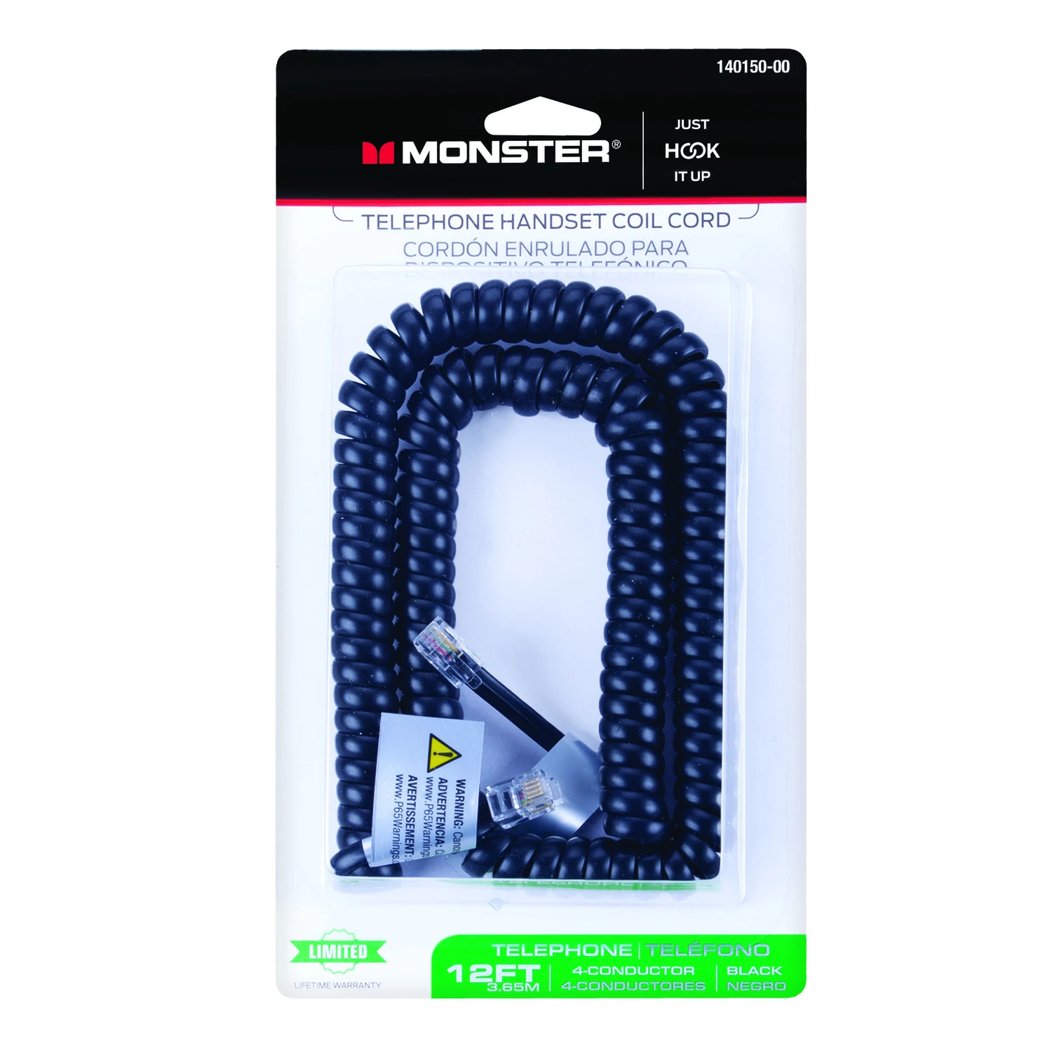 Just Hook It Up 12 Ft. Black Telephone Handset Coil Cord - 4 Conductor