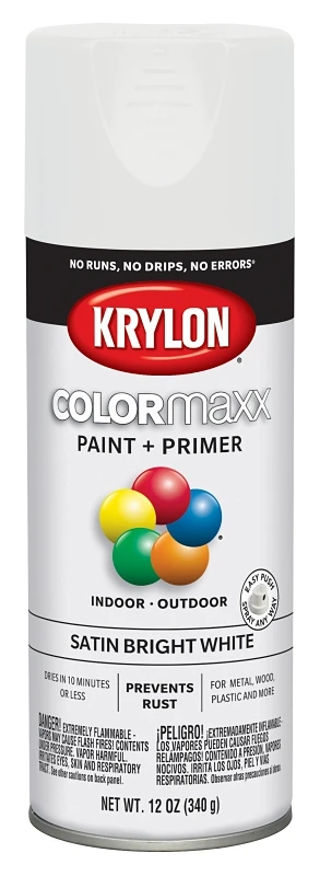 COLORmaxx Satin Bright White Spray Paint and Primer, 12 Ounce Can