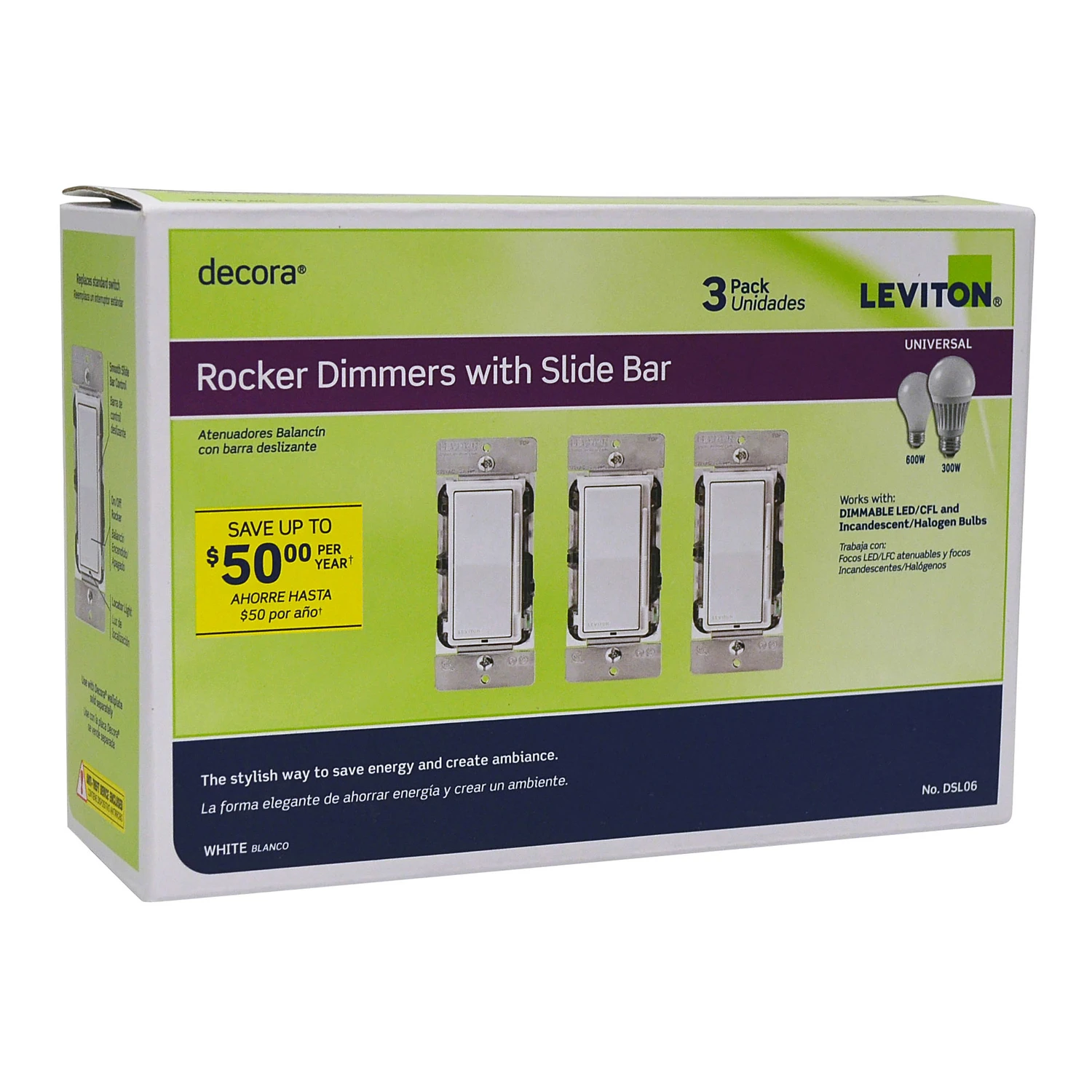 Leviton Decora White 600 W Rocker Dimmer Switch 3 pk
