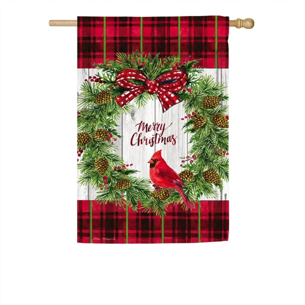 CHRISTMAS CARDINAL WREATH HOUSE FLAG