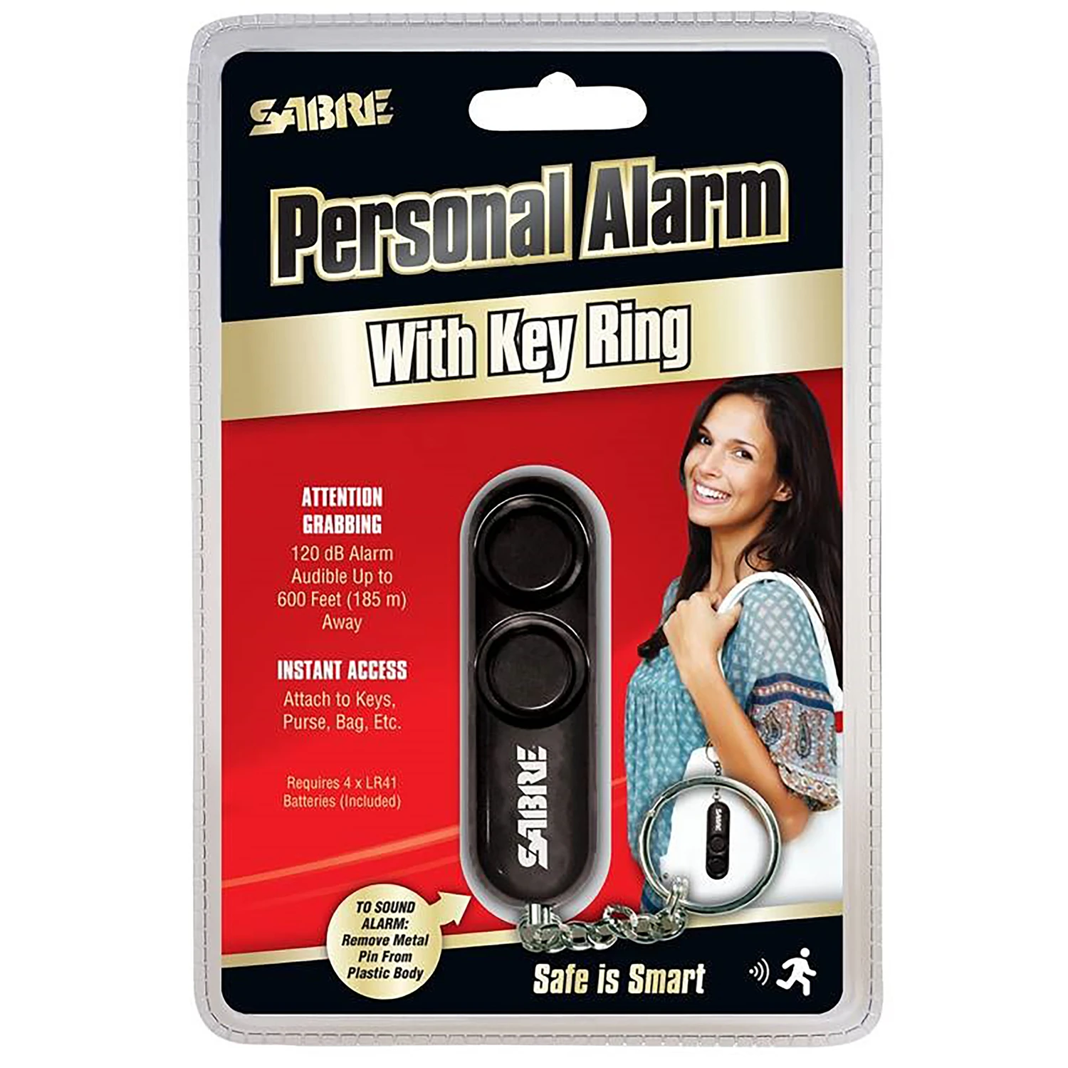 Black Plastic Personal Security Alarm With Key Ring And 120 Decibel Siren