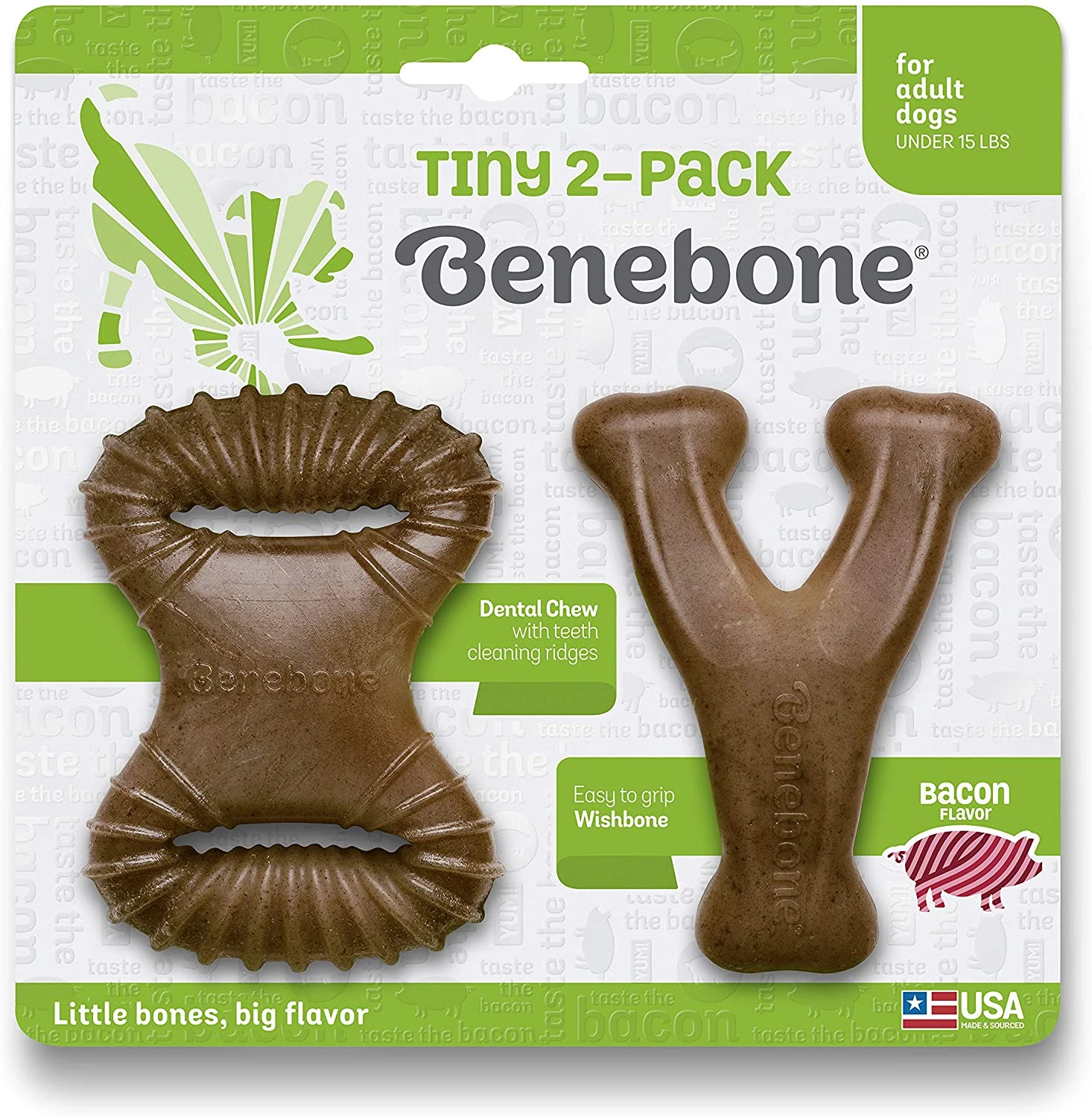Benebone Tiny Bacon Chew Dog Toy, X-Small, Pack of 2, Brown