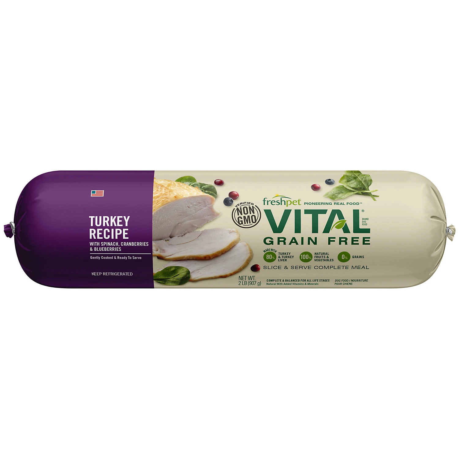 Vital Grain Free Turkey & Vegetable Dog Food Roll, 2 Lb - Natural Recipe