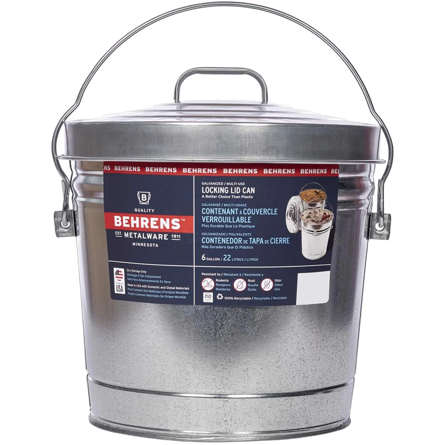 6 Gallon Silver Galvanized Steel Garbage Can With Lid - Animal Proof