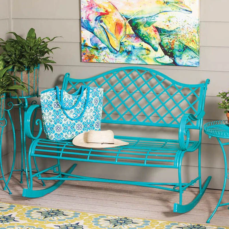 45.25 In. Powder Coated Metal Turquoise Rocker Bench With Lattice Back