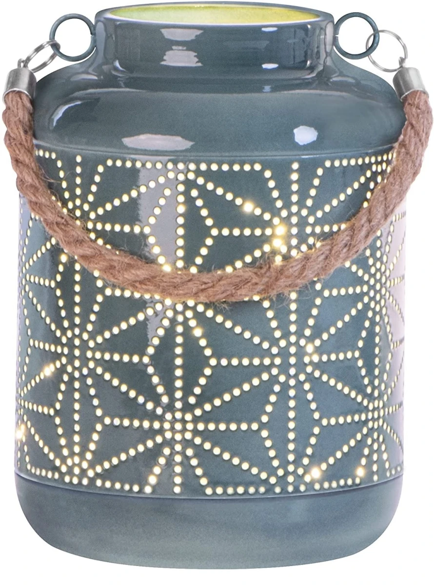 Aqua Metal Starburst Lantern with LED Candle and Timer, 7 Inch