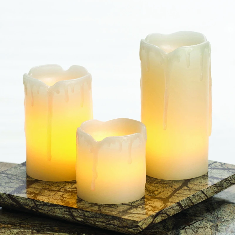 Flameless Candle, Mini Pillar, Cream Wax With Melted Top, 3-Pk.