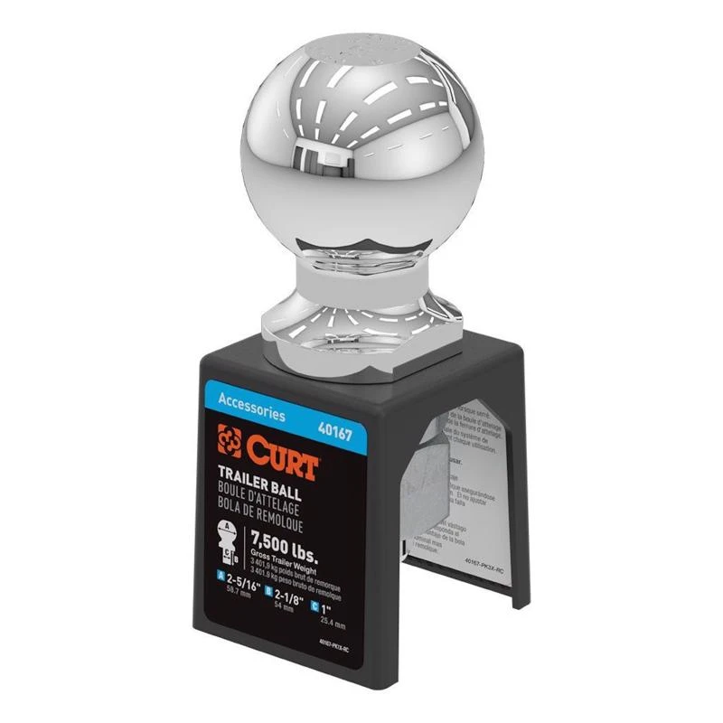Chrome Trailer Hitch Ball, 2 and 5 Sixteenths Inch Diameter, 1 Inch by 2 and 1 Eighth Inch Shank, 7500 Pounds Capacity