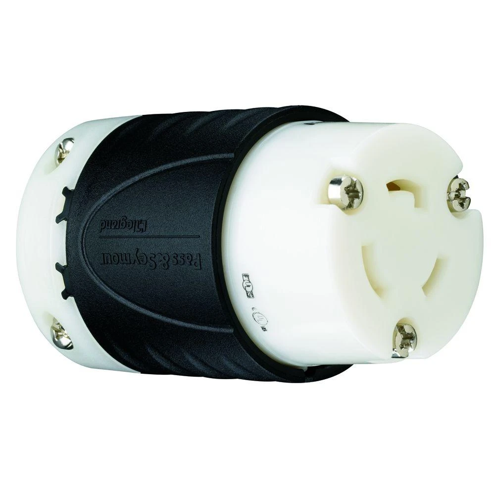 Pass and Seymour Locking Connector, Black and White, 2 Pole 3 Wire, 20 Amp, 125 Volt