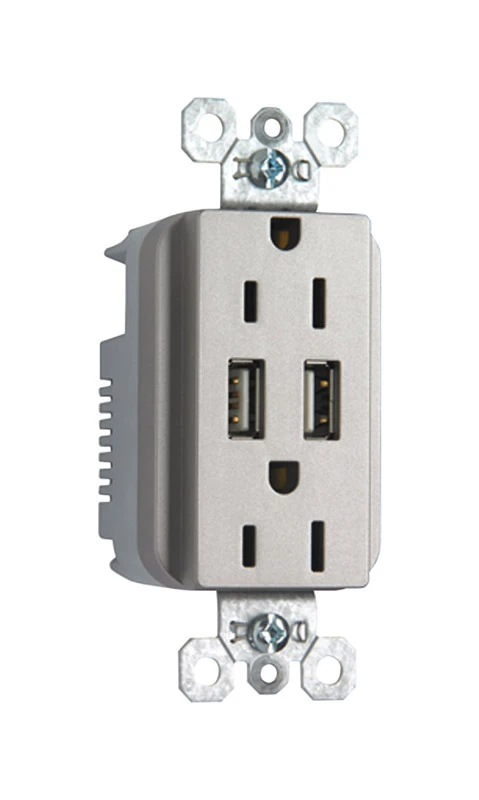 Pass & Seymour Combo USB Charger With Duplex Receptacle, Nickel, 15-Amp