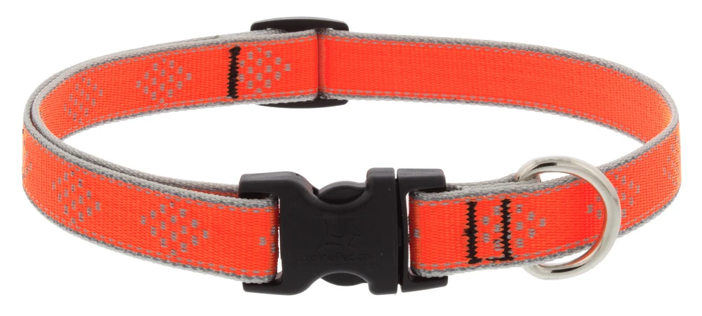 Adjustable Small Dog Collar with Reflective Orange Diamond Pattern, 0.75 Inch by 9 to 14 Inch