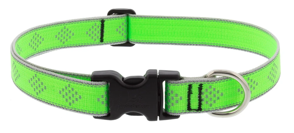 Adjustable Reflective Dog Collar, Green Diamond Pattern, 1 Wide, 16-28 Neck
