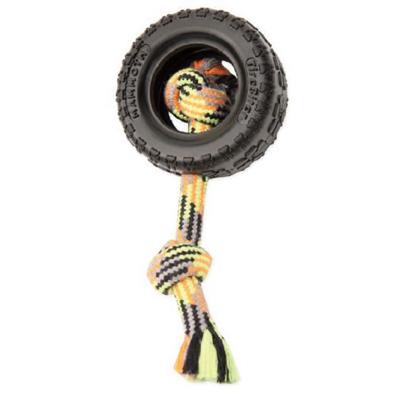 Mammoth Tire Biter Dog Toy with Rope, Black Rubber, 3.7 Inches Diameter