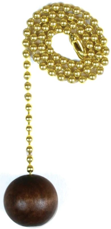 Lamp Pull Chain with Brass Finish and Walnut Wood Ball, 12 Inches Long