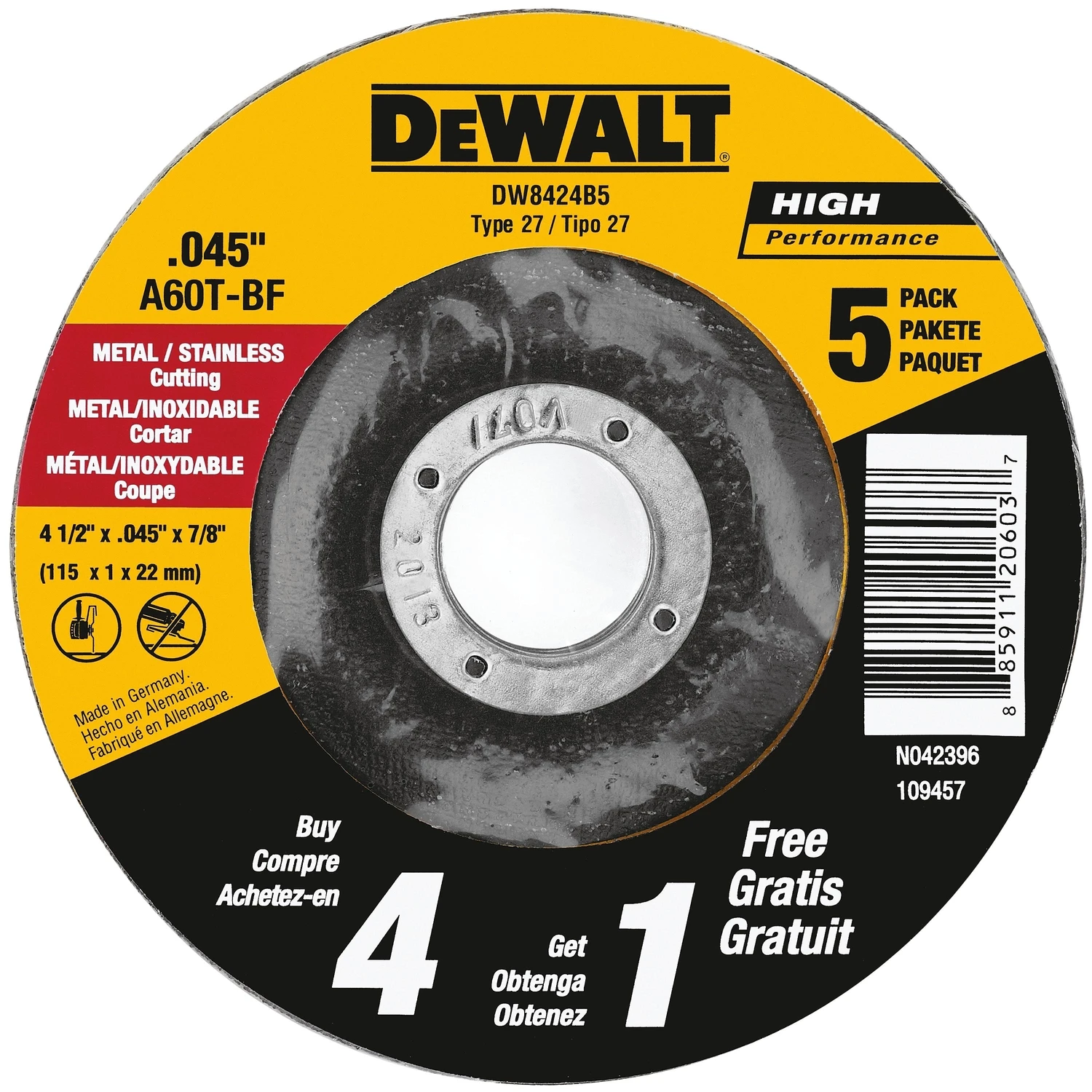 Metal Cutting Wheel, .045 x 7/8 x 4-1/2 In., 5-Pk.