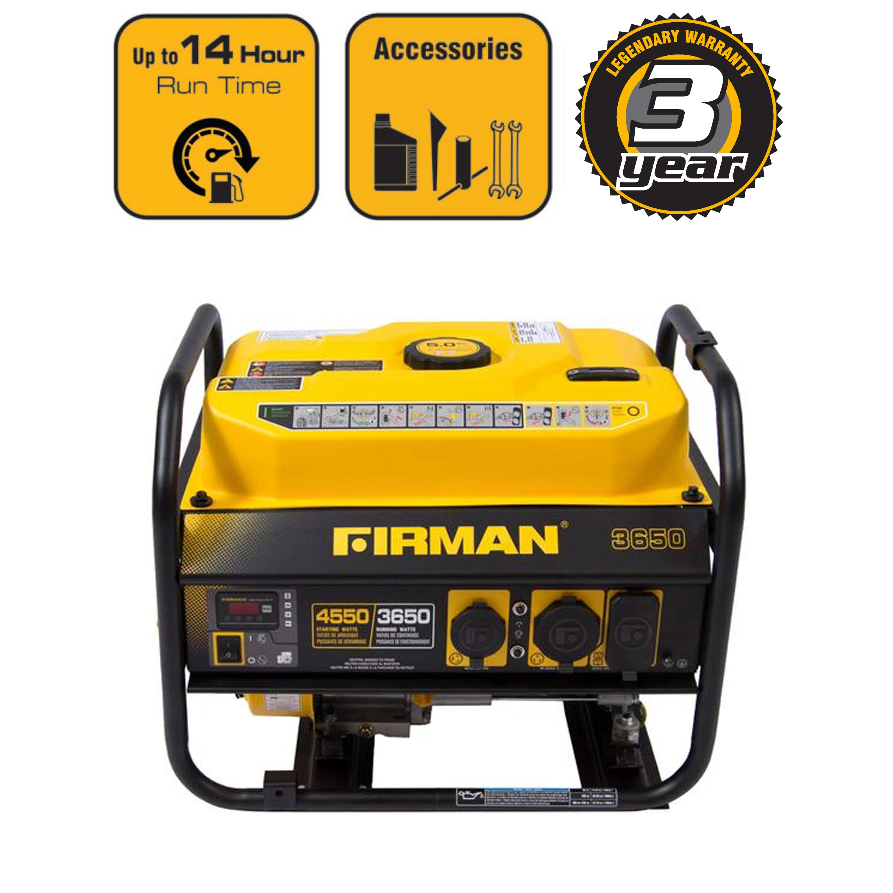 Portable Generator 3650 Watt Recoil Start 14 Hour Run Time Gas Powered