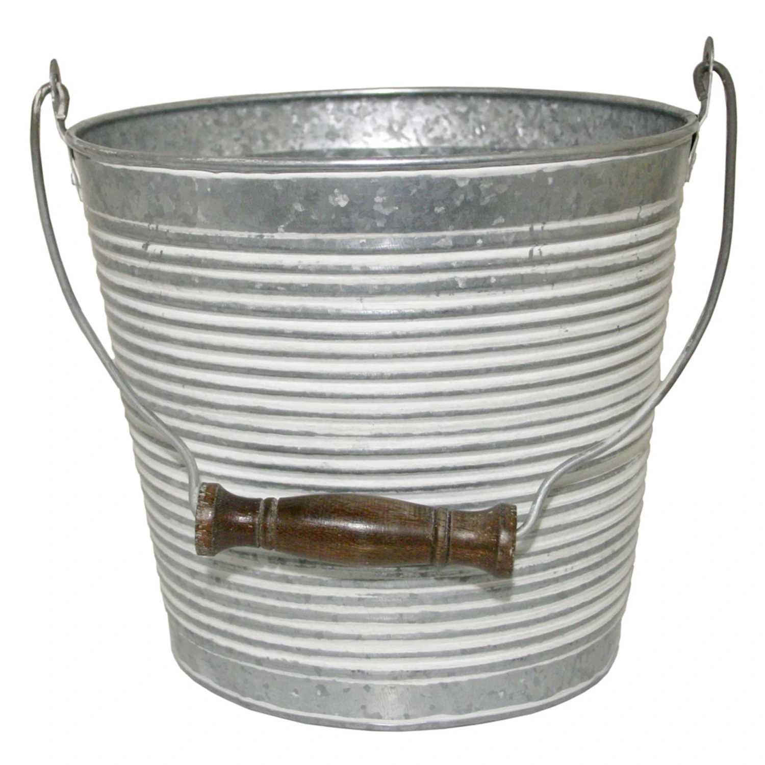 10 In. White Wash Ribbed Galvanized Metal Planter With Handle