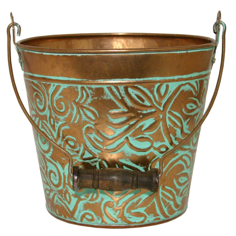 Vintage Copper Floral Metal Planter with Handle, 8 Inch Diameter