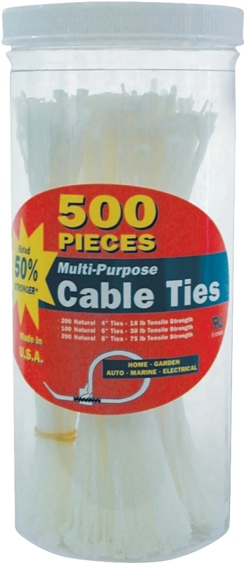 Self-locking Nylon Cable Tie Assortment, 500-piece, Natural Color