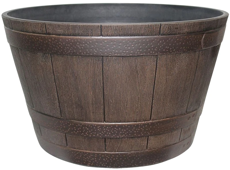 Whiskey Barrel Planter, Resin, 15.5-inch Diameter, Kentucky Walnut Finish