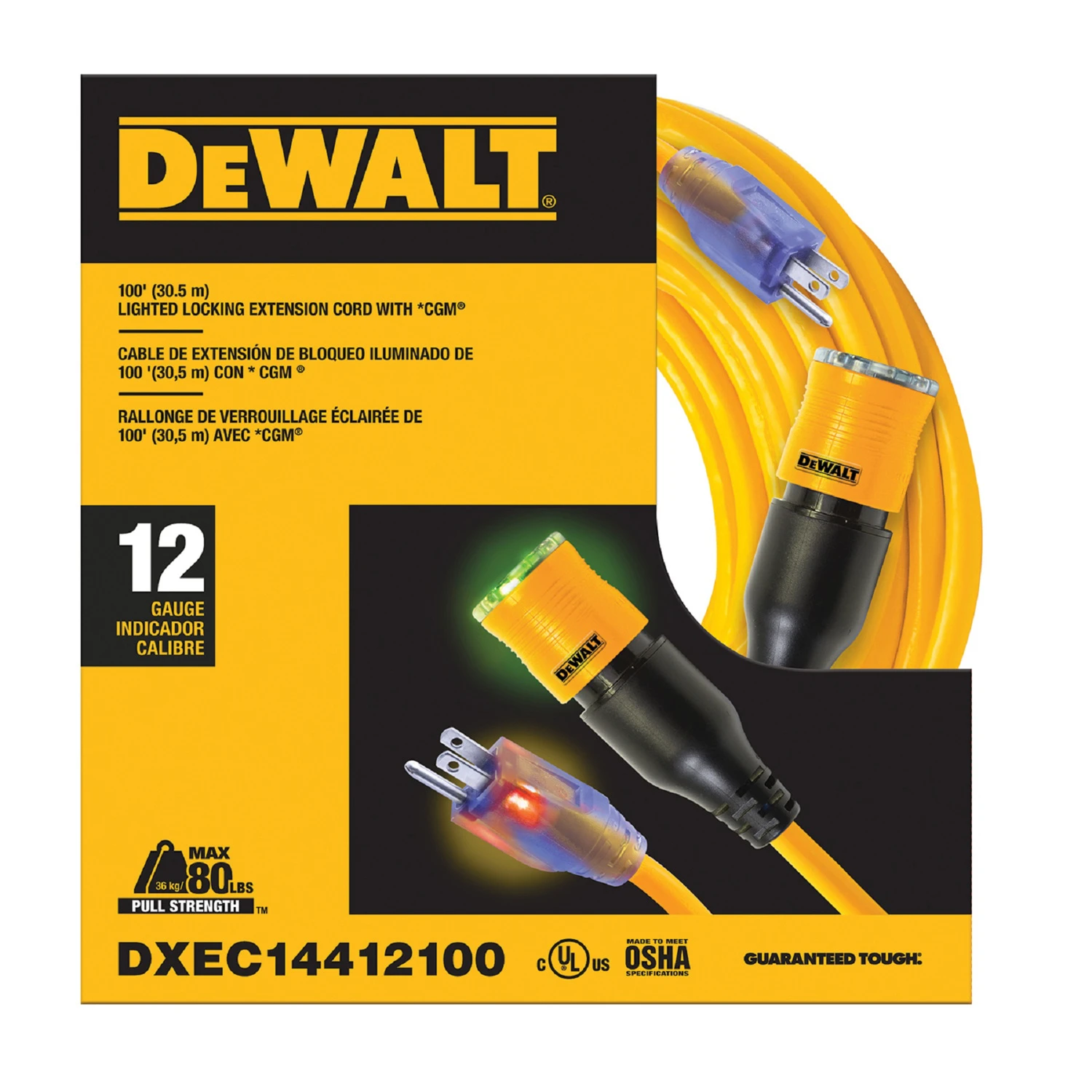Lighted and Locking Extension Cord, 12 Gauge by 3 Conductors SJTW, Yellow, 100 Feet