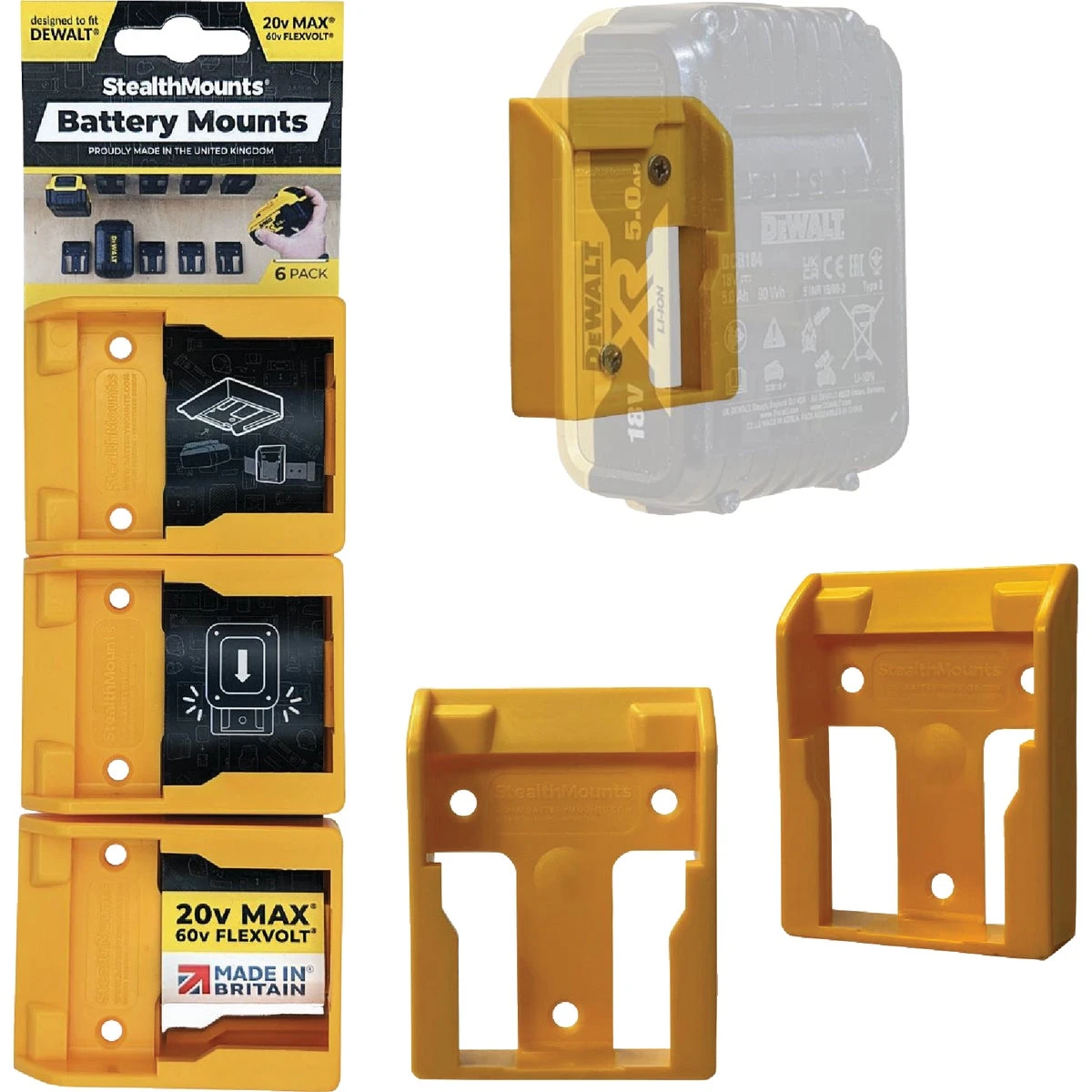 StealthMounts Battery Mounts Compatible with DeWalt 20V MAX; Yellow ABS Battery Holder 6 pk