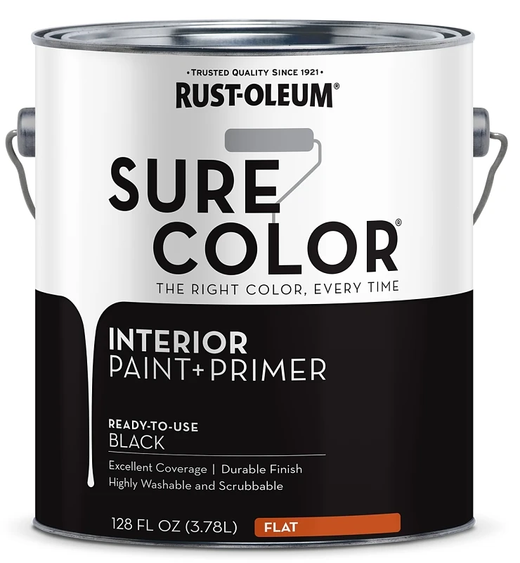 Sure Color Interior Wall Paint and Primer, Flat Black Finish, 1 Gallon