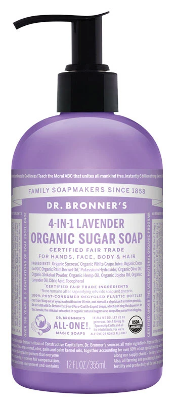 4-in-1 Organic Lavender Scent Sugar Soap 12 Oz Bottle With Pump