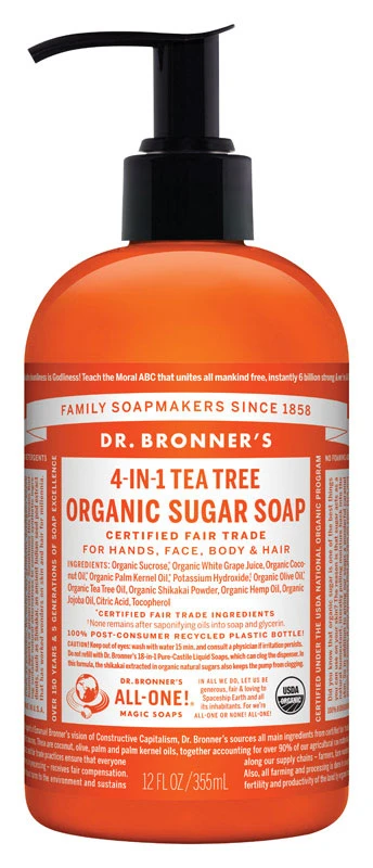4-in-1 Organic Tea Tree Scent Sugar Soap 12 Oz Bottle With Pump