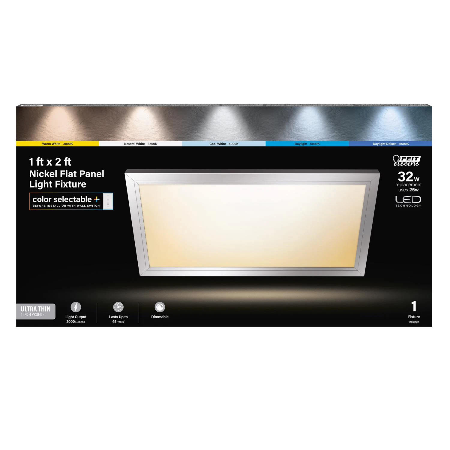 LED Flush Mount Edge-Lit Ceiling Light Fixture, Drop-In Installation, Selectable Color Temperature, Nickel Finish, 1 Foot by 2 Foot