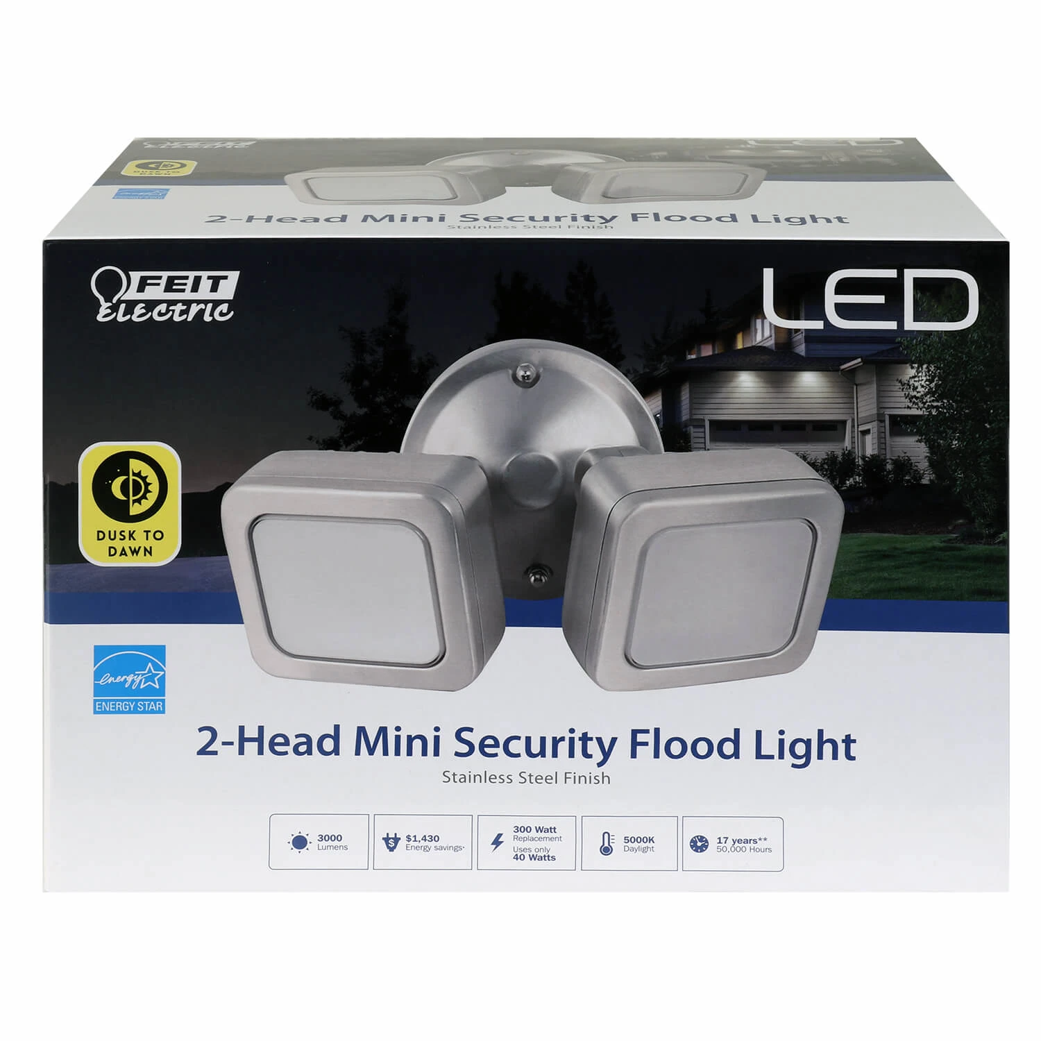 LED Dual Mini Flood Light Fixture, Dawn to Dusk Sensor, 3000 Lumens, 40 Watt