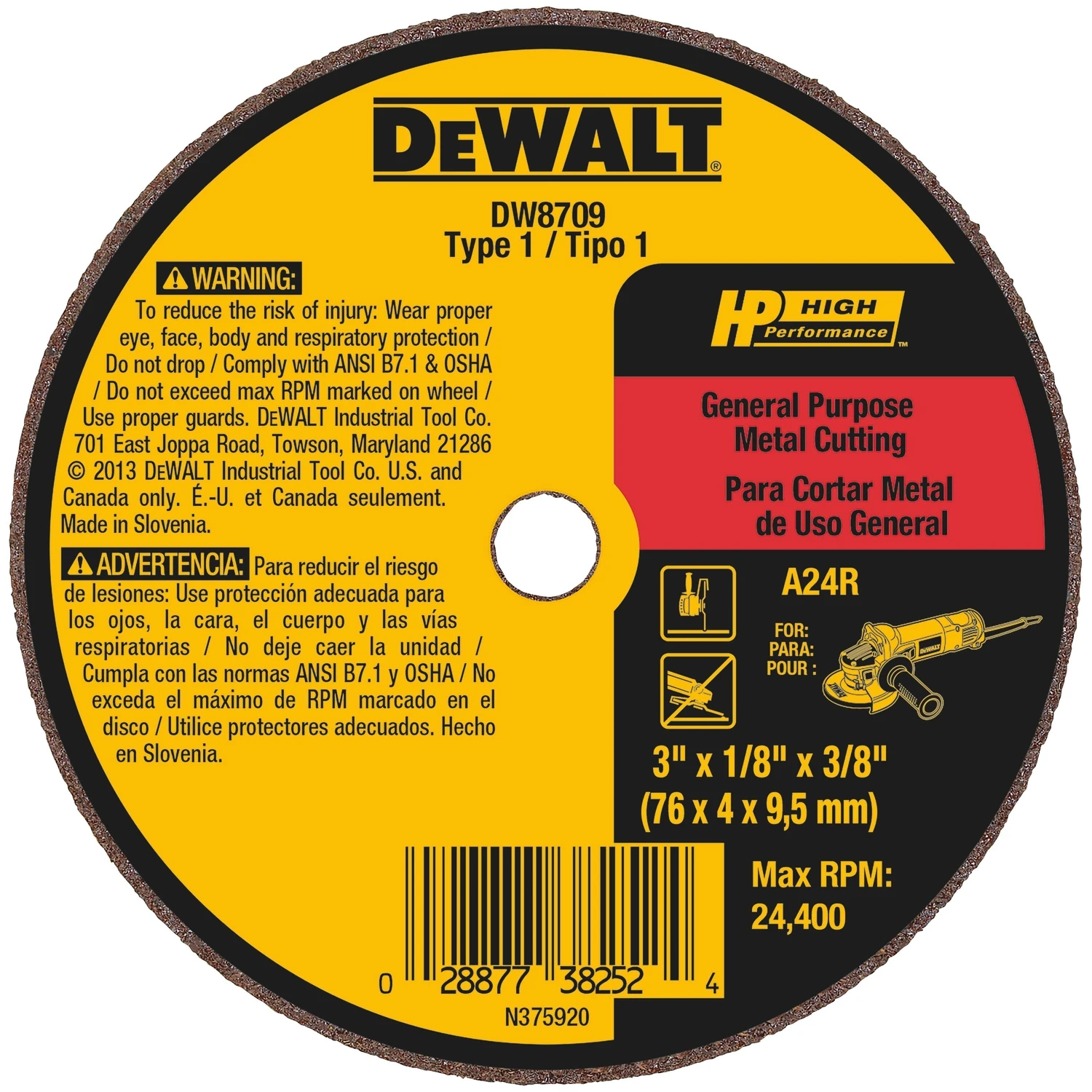 Small Diameter Cutoff Wheel 3/8 Inch by 1/8 Inch by 3 Inch
