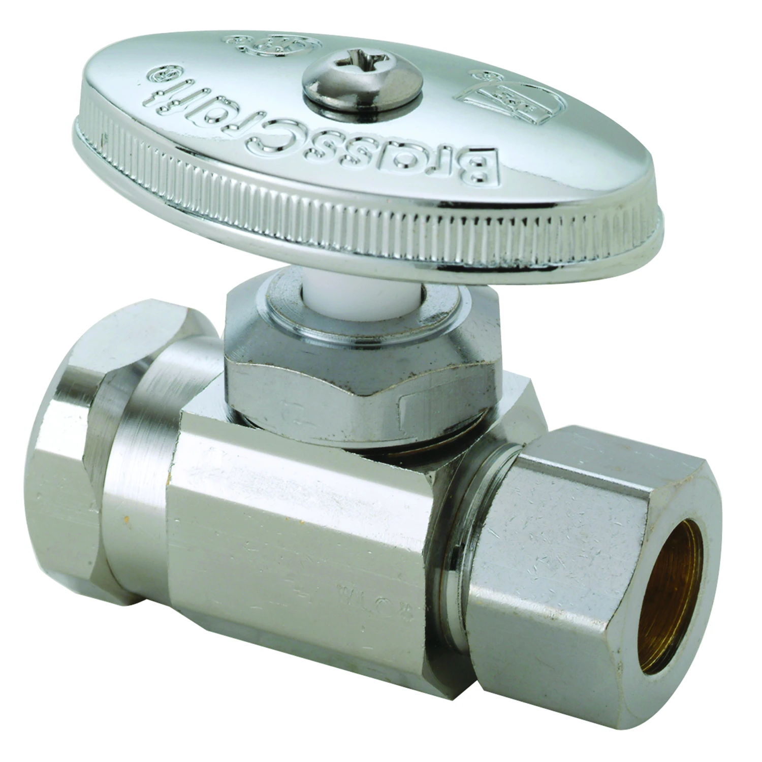 Straight Stop Valve Chrome Finish 1/2 Inch Female Iron Pipe by 1/2 Inch Compression