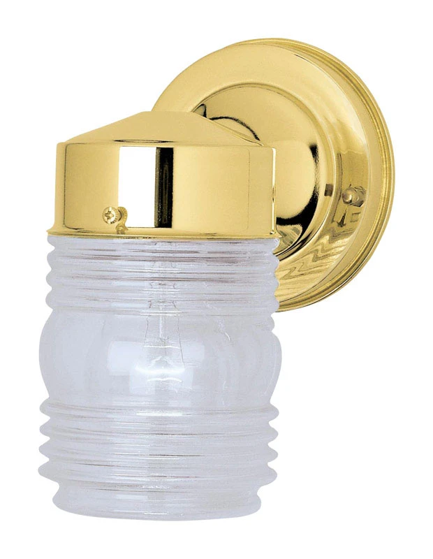 75-Watt Polished Brass Jelly Jar Wall Light Fixture with Clear Glass Shade