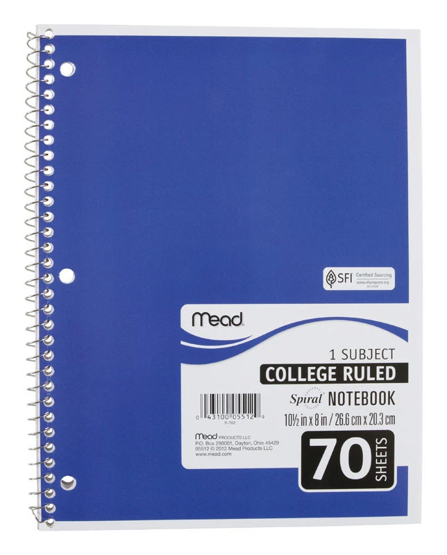 Spiral Notebook, College Ruled, 10.5 x 8 In., 70 Sheets