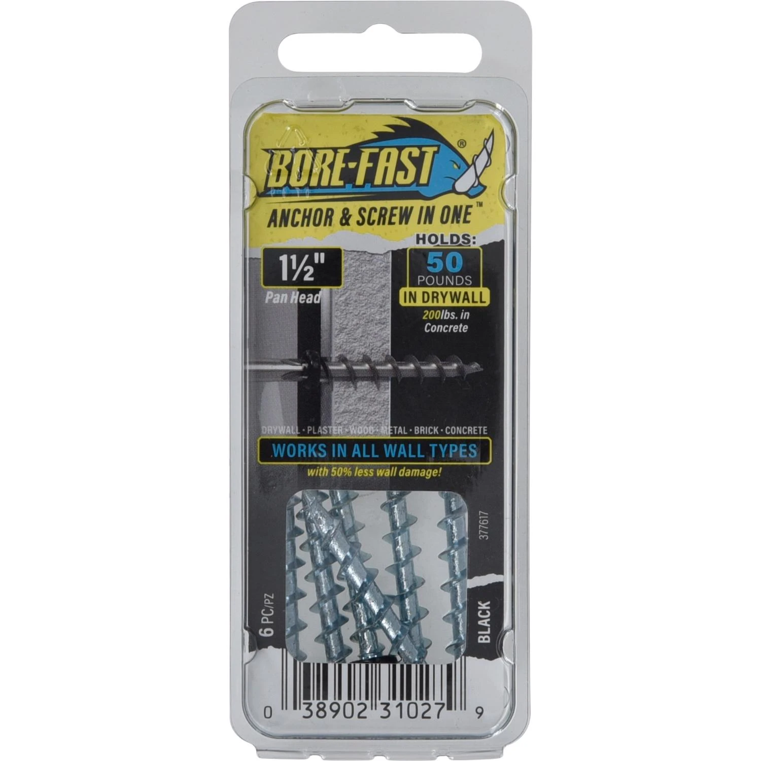 Borefast 1-Pc. Wall Anchor & Screw, Black Coated Head, 1-1/2 In., Holds 50 Lbs., 6-Pk.