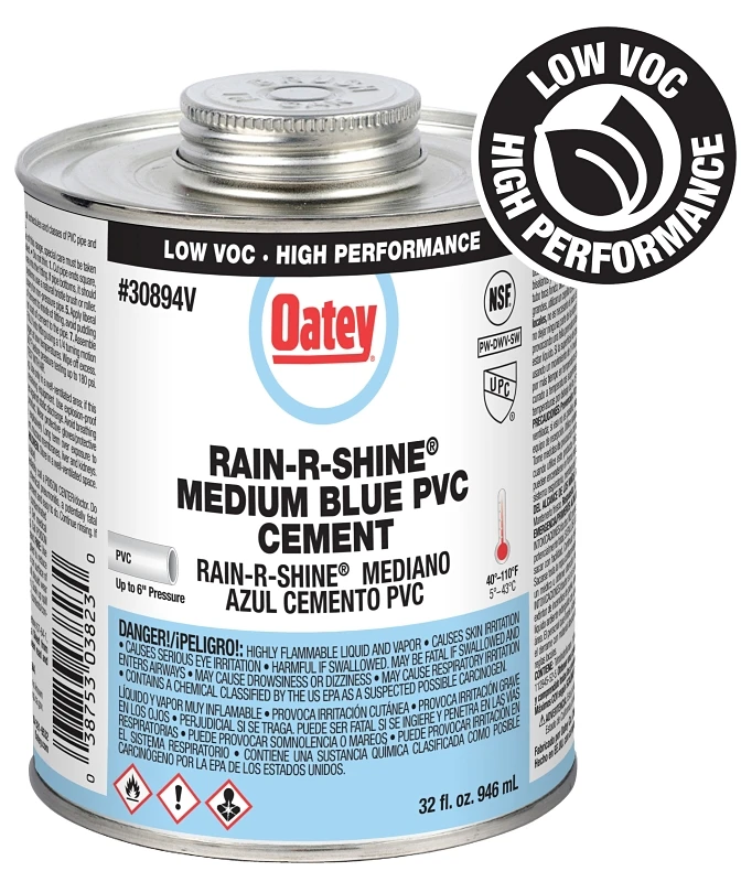 Rain-R-Shine Medium Bodied Blue PVC Pipe Cement 32 Ounce Bottle