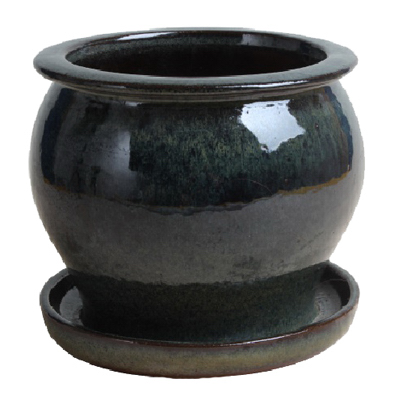 8 Inch Dripping Green Studio Planter, Ceramic With Attached Saucer