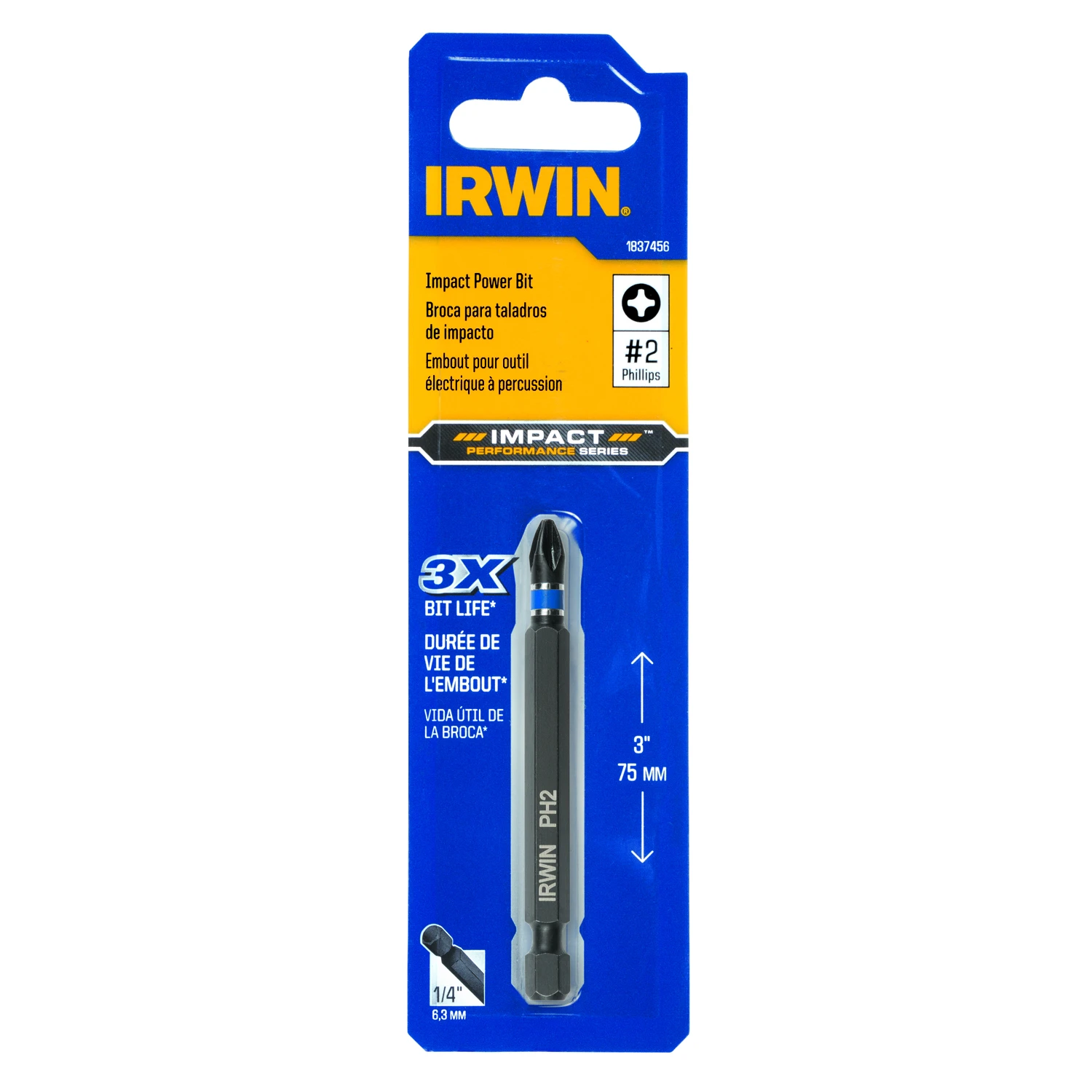 Irwin 1837456 Power Bit, #2 Drive, Phillips Drive, 1/4 in Shank, Hex Shank, 3 in L, High-Grade S2 Tool Steel