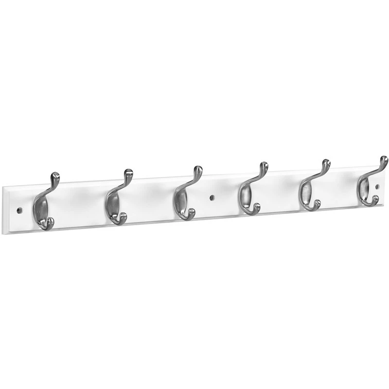 Hook Rail, 6 Satin Nickel Hooks, White Rail, 27 x 0.6 x 2.75 In.